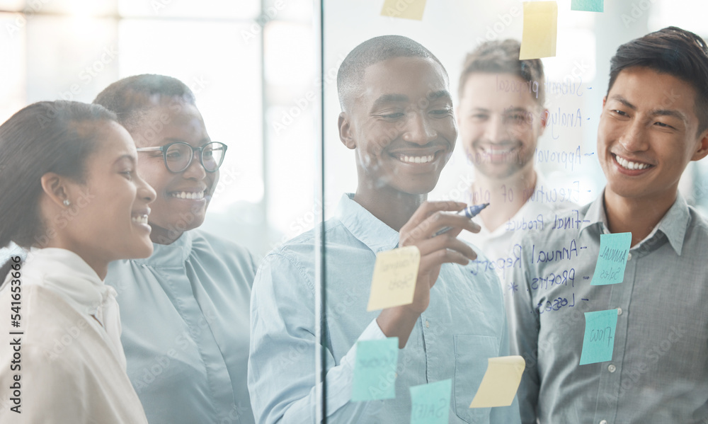 Poster business people, diversity and planning in collaboration with sticky notes for teamwork at office. d