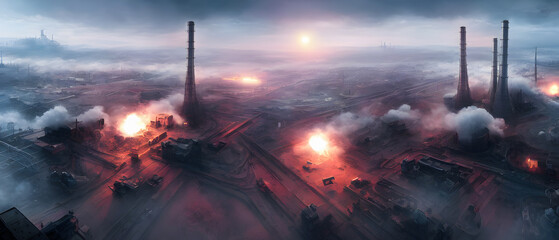 Artistic concept illustration of a destroyed nuclear power plant, background illustration. - obrazy, fototapety, plakaty