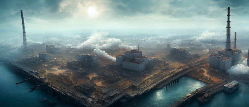 Artistic concept illustration of a destroyed nuclear power plant, background illustration.