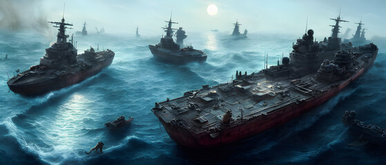 Artistic concept painting of warship on the sea, battlefield,background illustration.