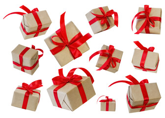 set of gift boxes with red ribbons isolated