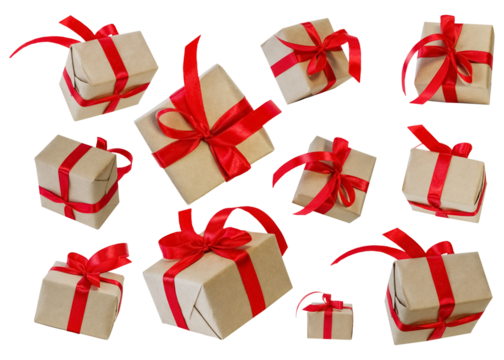 set of gift boxes with red ribbons isolated