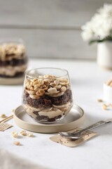 Dessert in glasses, chocolate biscuit with peanut cream, banana and nuts