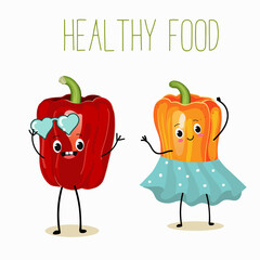 Vector illustration of cartoon character couple bell pepper, healthy food, ingredient, childish design.