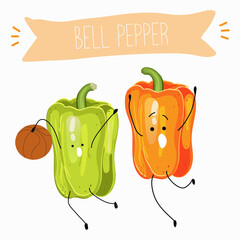 Vector illustration of funny cartoon characters bell peppers playing basketball. Ingredients, healthy food, design for children's t shirt.