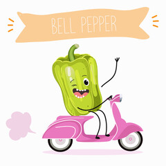 Vector illustration of funny bell pepper cartoon character on scooter, healthy food, ingredient, design for kids t-shirt.
