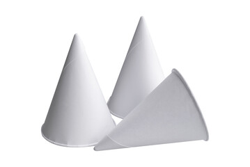 Cone shape disposable paper cups on white background