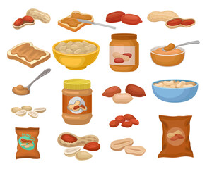 Peanut with Butter in Jar, Bread Toast and Salty Snack Package Big Vector Set