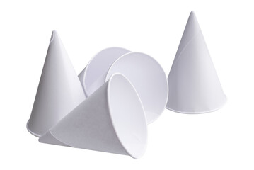 Cone shape disposable paper cups on white background