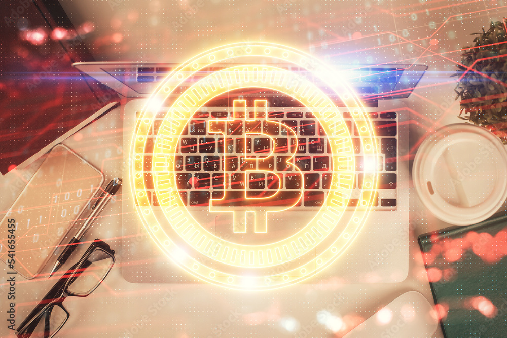 Poster blockchain theme hologram drawings over computer on the desktop background. top view. double exposur