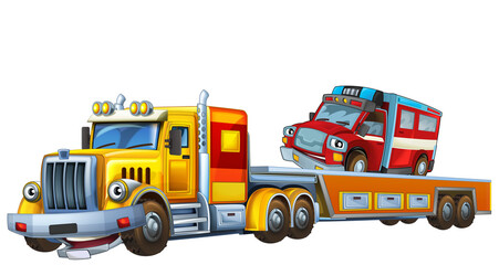 cartoon tow truck driving with other car fireman