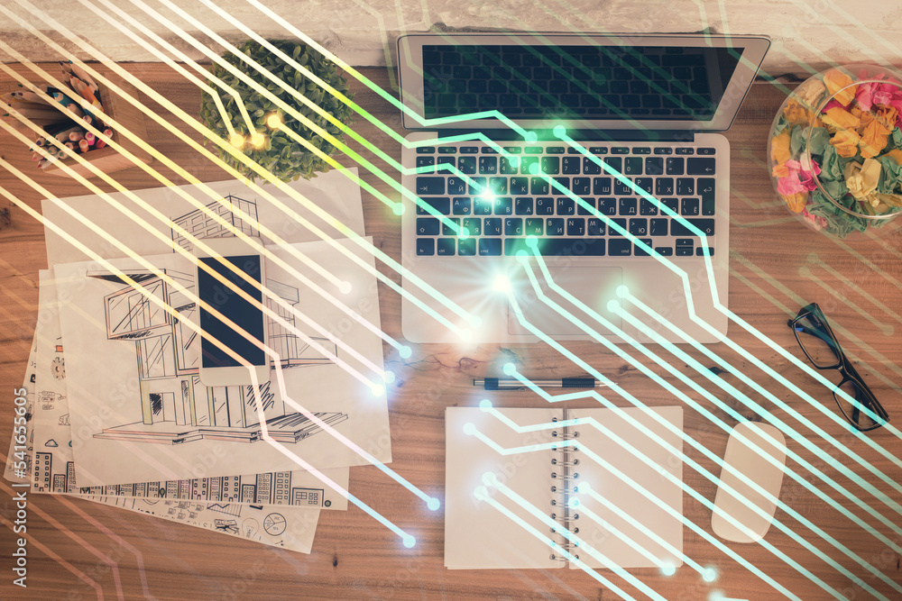 Poster double exposure of data theme drawing hologram over topview work table background with computer. con