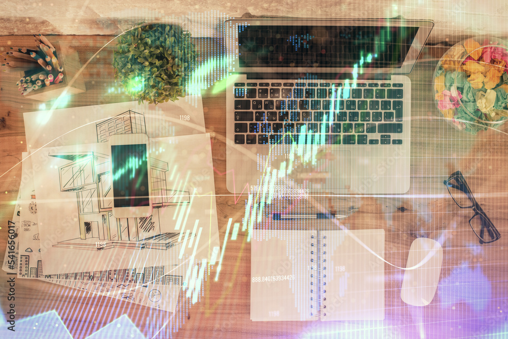 Poster Multi exposure of financial chart drawing over table background with computer. Concept of research. Top view.