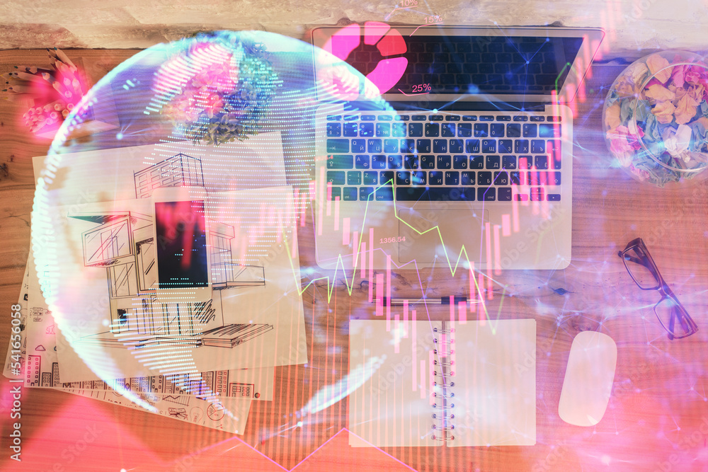 Poster business theme hologram drawings over computer on the desktop background. top view. multi exposure. 