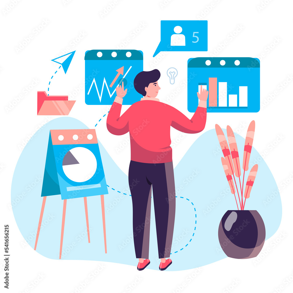 Poster business process concept. man analyzes data and company statistics, makes presentation with report. 