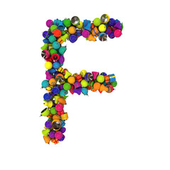 Christmas letters typeface made out of colored ornaments with alpha channel F
