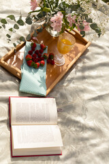 lifestyle,picnic,snack or breakfast in the open air on the shore of the lake decorated with flowers,fruit and reading the book to relax and enjoy
