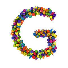 Christmas letters typeface made out of colored ornaments with alpha channel G