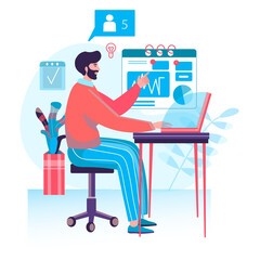 Business process concept. Analyst research statistics, analyzes financial data, develops strategy. Optimization and planning character scene. Illustration in flat design with people activities