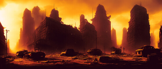 Artistic concept illustration of a dystopian city, background illustration.