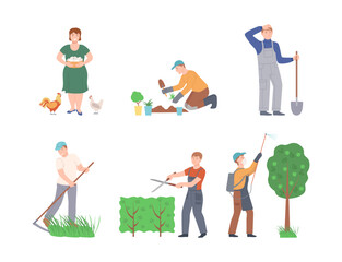 Farmers working on farm set. Agricultural workers collecting eggs, planting seedlings, digging, mowing grass, cutting hedges cartoon vector illustration