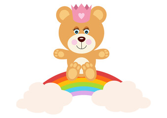 Cute teddy bear sitting on rainbow with clouds