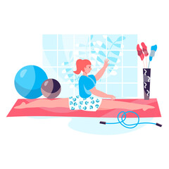 Fitness workout concept. Woman sitting in twine and doing gymnastic exercises. Active sport, wellness, body training, pilates character scene. Illustration in flat design with people activities