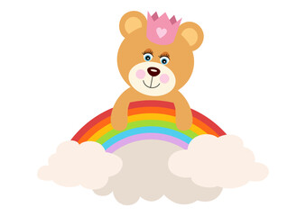 Princess teddy bear hanging on rainbow with clouds