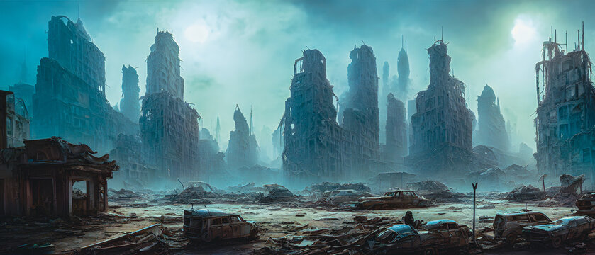 Artistic concept illustration of a dystopian city, background illustration.