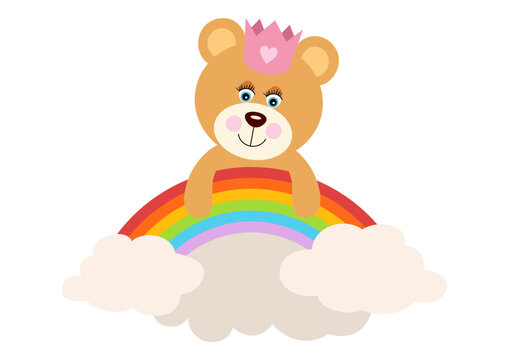 recommend clip art: Princess teddy bear hanging on rainbow with clouds