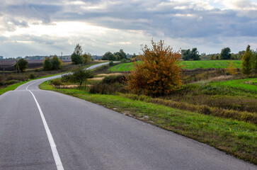 Fototapeta na wymiar Empty asphalt road through a picturesque rural landscape in autumn in cloudy weather.