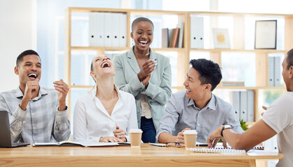 Business people, diversity and laughing in meeting at the office for funny team development at the workplace. Group of employee workers joke, laugh and share in collaboration, strategy or fun time - obrazy, fototapety, plakaty