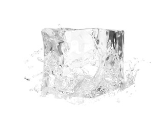Cube of melting ice and drop water on isolated background. Idea for winter splash banner.
