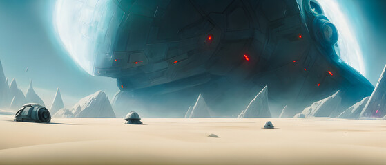 Artistic concept painting of a beautiful sci-fi landscape, with a future thing in the background. Tender and dreamy design, background illustration.