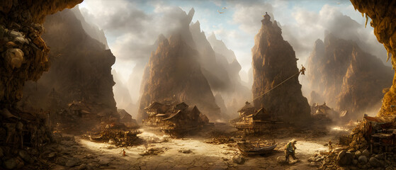Artistic painting concept of gold mine entrance, illustration painting.