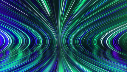 3D rendering of an abstract panoramic neon background with glowing rays