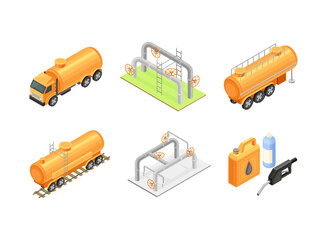Oil and gas industry elements set. Extraction, production, refinery and transportation isometry vector illustration