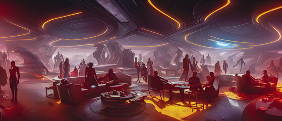 Artistic concept illustration of a futuristic night club, background illustration.