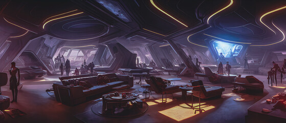 Artistic concept illustration of a futuristic night club, background illustration.