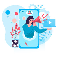 Digital marketing concept. Woman with megaphone attracting customers, advertising in mobile app, promotion in social networks character scene. Illustration in flat design with people activities