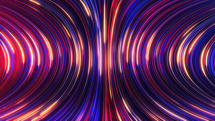 3D rendering of an abstract panoramic neon background with glowing rays