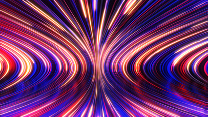 3D rendering of an abstract panoramic neon background with glowing rays