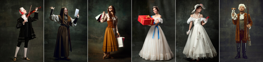 Set of images of actors and actress in image of medieval royalty persons from famous artworks in vintage clothes on dark background. Eras comparison concept
