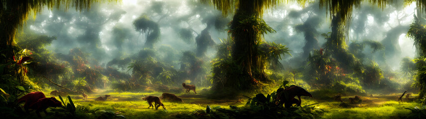 Artistic concept painting of a jungle panoramic landscape, background illustration
