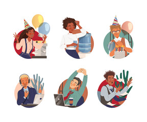 Office staff set. Employees communicating, working with computer and documents, having break, celebrating birthday at workplace vector illustration