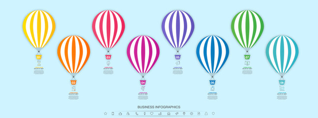 Fototapeta na wymiar Vector hot air balloon infographic. Business 3D modern infographics concept for chart, web design, interface. Illustration and timeline with 8 steps and symbols