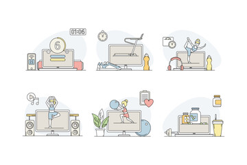 Set of computer screens with sportive programs and healthy eating. Personal diet, online gym, workout at home vector illustration