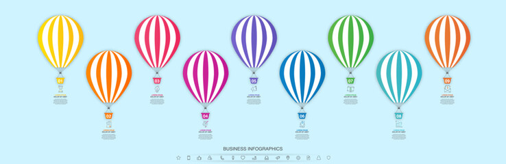 Vector hot air balloon infographic. Business 3D modern infographics concept for chart, web design, interface. Illustration and timeline with nine steps and symbols