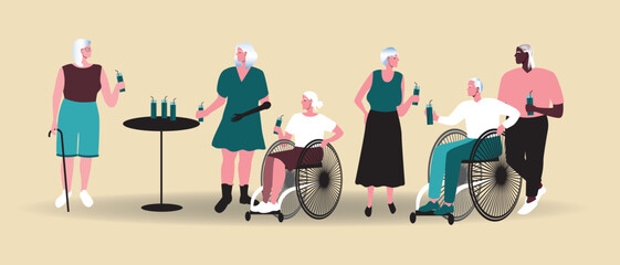 Party with old people in nursing home isolated, flat vector stock illustration as holiday with cocktails and fun, elderly people in wheelchairs