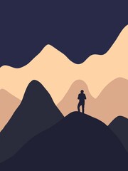 Minimal lonely person on the top of mountain, night sky, 